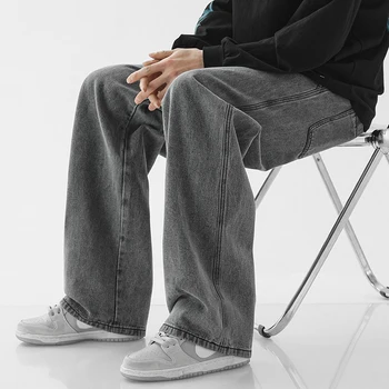 Японски мъжки дънки свободно, намаляване, новост 2023 г., широки панталони с еластичен ластик на талията, дантела, с права тръба, Популярни мъжки дънки, черни, сиви, сини