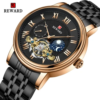 Мъжки автоматични механични часовници REWARD клас лукс с турбийоном, стилни втората скали фаза на Луната, каишка от неръждаема стомана от най-добрите на марката, новост