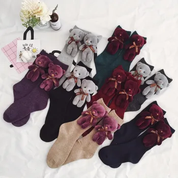 Вълнени чорапи с анимационни мечка, дамски топли дебели есен-зима, цена на едро 8 цвята