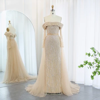 Sharon Said Луксозна вечерна рокля Русалка голям размер с открити рамене и подвижни горната пола на Женски сватбена рокля за партита в Дубай SS287