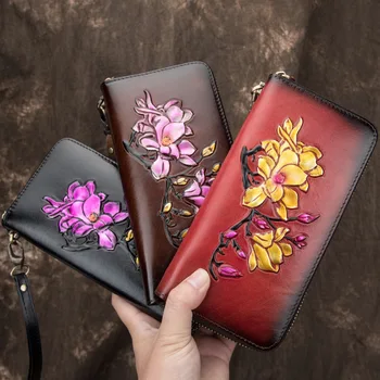 Нов дамски портфейл с цветя модел, дълга чанта ръчно изработени от телешка кожа голям капацитет за съхранение с цип, дамска ръчна чанта-портфейл