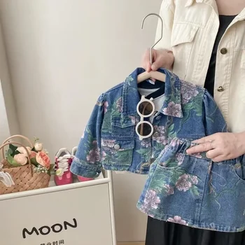 2023 Комплект дънкови облекла с цветя модел за Корейски момичета, сако + пола, модни Детски дънки с цветя, Пролет-есен облекло