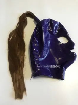 Секси черно латексный фетиш, качулка, Гумена маска, под формата на големи отворени очи и със завързани на опашка шиньонами