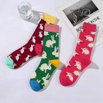 Тенденцията Цветни розови чорапи със заек, дамски есен-зима чифт чорапи от чист памук, Персонални Модни дишащи подарък чорапи