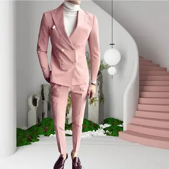 Мъжки костюми, Блейзери Pink Fashion Sunshine двубортные 2 броя с остроконечным яка Приталенные костюми за сватбени партита Смокинги