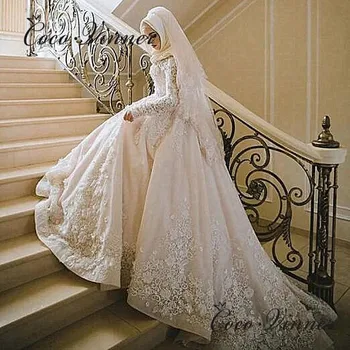 Качествени флорални дантелени апликации с мъниста, арабски мюсюлмански сватбена рокля трапецовидна форма, с дълги ръкави, сватбени рокли по поръчка W1086