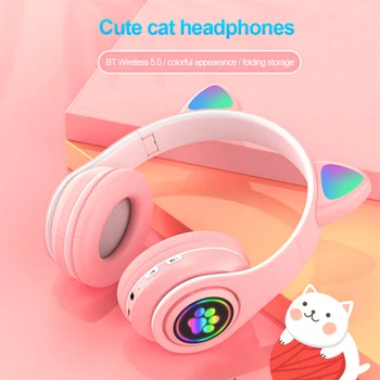 Слот слушалки с красиви кошачьими уши, сгъваема детска слушалка, която е съвместима с Bluetooth, стерео слушалки с ниска латентност за смартфон/ таблет/ лаптоп