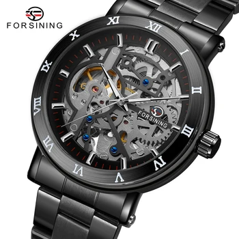 Мъжки автоматичен часовник Forsining Outdoor Cool със светещи стрелки, спортни механичен часовник с черен скелетоном, луксозни часовници е от неръждаема стомана