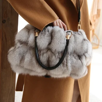 Дамска чанта с голям капацитет, дамски луксозна чанта с дръжка отгоре от лисьего кожа, дизайнерски топло плюшен чанта S8805