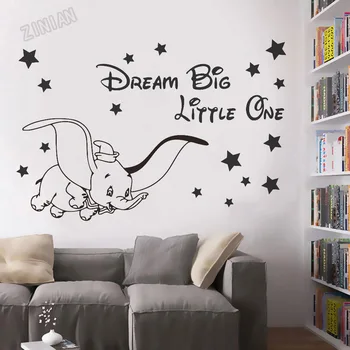 Стикери за стена Dream Big Little One с участието на мультяшного слон, винил художествени етикети за детска стая Y299