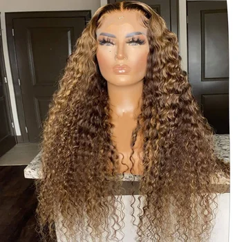 T Part Hd перука, Завързана с дълбока вълна отпред, скъпа-кафяви Бесклеевые къдрава перуки, изработени от човешка коса, за жени, 30-инчов перука