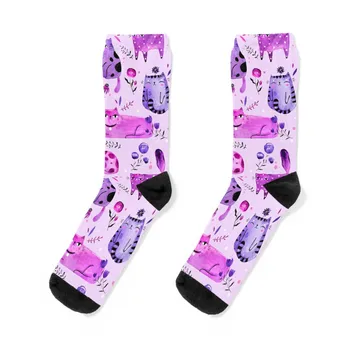 Чорапи с лилави котки на purple фон, мини футболни чорапи, эстетичные чорапи за момчета, дамски чорапи за деца