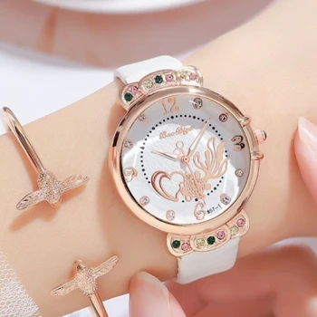 Луксозни кварцов ръчен часовник Лъки Дамски часовници с бантиком и циферблат Кожени часовници за момичета Дамски часовници Подарък Reloj Para Mujer