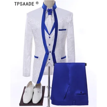 Бяла Кралска Синя Дограма Сценична Облекло За Мъже Комплект Костюми Мъжки Сватбени Костюми, Костюм на Младоженеца Смокинг Официално (Яке + панталон + елек + вратовръзка)