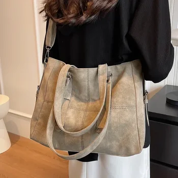 Дамски чанта от набук, Удобни дамски замшевая стеганая голяма чанта-тоут, дамски чанти през рамо цвят каки за крайградски пътувания, чанта през рамо