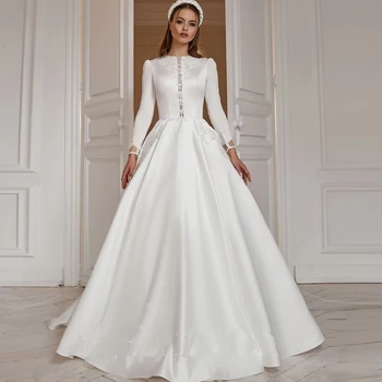 Сватбена рокля с бродерия Miaoduo, открита на въртене, сатен за сватбени рокли с дълъг ръкав и джобове, скромен минимализъм