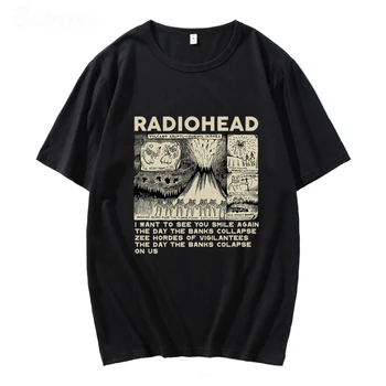 Тениска с изображение на популярната рок група Radiohead, мъжки, дамски Летни стръмни черни върхове, реколта тениски оверсайз Y2k с къс ръкав, Унисекс