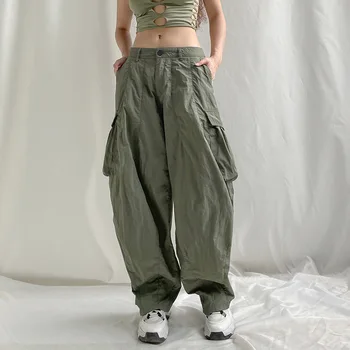 Нови панталони-с карго джобове, дамски Реколта свободни панталони Y2K с висока талия, ежедневни дамски панталони в стил Уличен хип-хоп