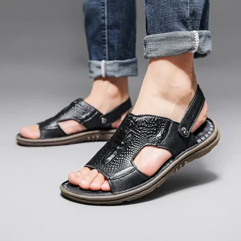 Мъжки летни сандали с крокодиловым модел от естествена кожа, удобни ежедневни сандали без закопчалка, модерен мъжки чехли zapatillas hombre