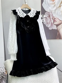 Сетчатое мини рокля от велета в стил мозайка с дълъг ръкав в стил мозайка за жени, сладък яка 