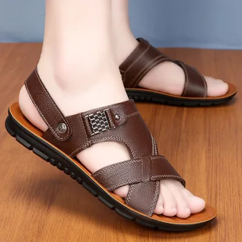 Лятна градинска и плажна обувки за мъже 2023 година, Новият мъжки сандали от естествена кожа, с отворени пръсти на платформа, мъжки ежедневни сандали на равна подметка от телешка кожа