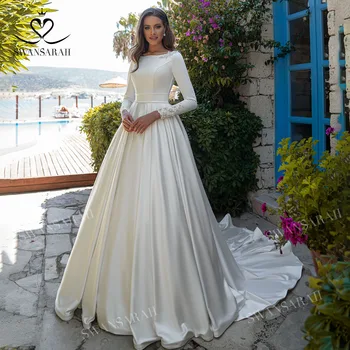 Сватбена рокля SwanSarah от Сатен С дълъг ръкав 2023, Украшенное 3D Цветя, Расшитое Мъниста, Трапециевидное Принцеса Рокля на Булката Mordern AG19, Vestido De Новия