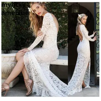 Секси сватбена рокля на Русалка с цепка отпред и дълги ръкави 2020 Vestidos De Новия Винтажное дантелено рокля с отворен гръб, сватбени рокли