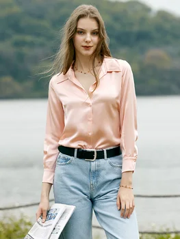 100% Копринен топ, Дамски пролет-есен Нова риза с дълъг ръкав, сладка Розова риза, Уникална ретро-риза