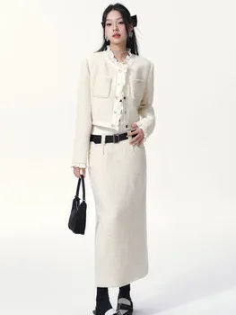 Жена Корейски Елегантен комплект от 2 теми с Бели Волани, Женски Туид яке + дълги поли, комплект от 2 теми, тънки пола с Висока Талия, Модерен костюм Y2k