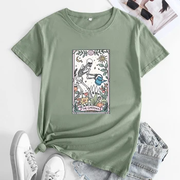 Тениска The Gardener Tarot, эстетичная тениска като подарък на майка ми-на растението, готически дамски тениска за градинарство с виртуален скелет, най-тениска