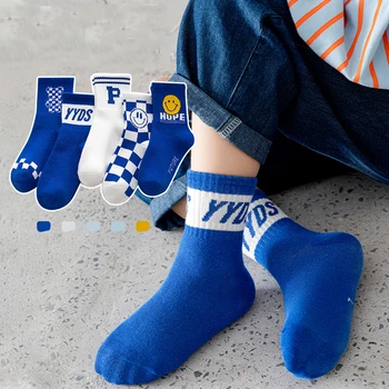 5 двойки /лот, Детски чорапи, топли памучни спортни чорапи в клетка с писмото принтом 