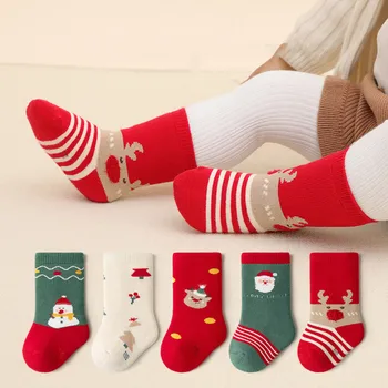 Сладки Мультяшные Коледни Детски чорапи, зимни топли хавлиени чорапи за новородено, Дядо Коледа, Лосове, Снежен човек, Момче, Момиче, Среден чорап с шнорхел