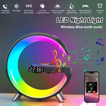 Интелигентен led нощна светлина с безжично зарядно устройство, Bluetooth-съвместими високоговорители, аларма, управление на приложението, декор прикроватной нощни шкафчета с регулируема яркост