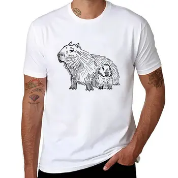 Нова тениска с изображение на мама и бебе Capybara, черна тениска с къс ръкав, тениска за момчета, тениски с къс ръкав за мъже