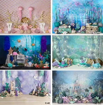 Фон за снимки Русалка под вода, Подводен замък, момичето, декорация за торта на 1-ви рожден ден, на фона на фото студио