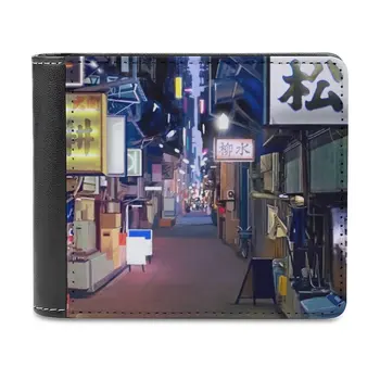 Нощувка в Япония, кожена кесия, кредитка Карта Луксозен притежателя на Портфейла Conceptart Street Night Lights Japan Environment Персонални