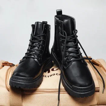 2023 Нови черни мъжки обувки Chelsea Моден тренд Тактически обувки на платформа, Кожени военни ботуши Мъжки маркови мотоциклетни ботуши