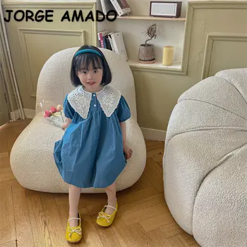 Нова лятна рокля в корейски стил за малко момиче, синьо-жълти ръкави, Бяла рокля на принцеса с отложным яка, детски дрехи E39003