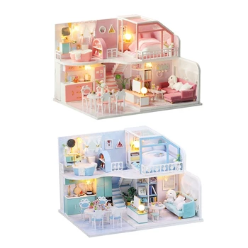 Куклена къща със собствените си ръце Миниатюрен 3D Комплект дървени куклени къщи Комплект мебели с led подсветка и пылезащитным калъф Играчки за детски подарък