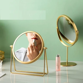 Скандинавски латунное позлатените метално огледало за грим Луксозно Ретро огледало за преобличане Десктоп Квадратно Кръгло огледало за спалня Огледало за грим в общежитието
