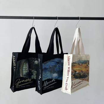 Известната картина, дамски холщовая чанта през рамо, чанта за пазаруване с голям капацитет, квадратен портфейл от еко-плат, женствена чанта за пазаруване, памучен чанта с принтом.