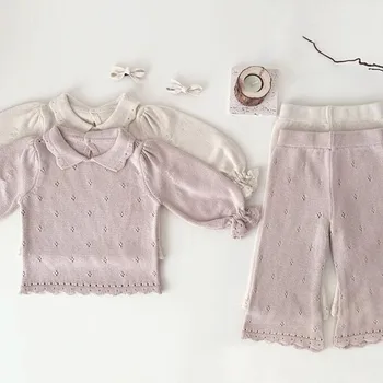 2023, Нов комплект от 2 теми за момичета, вязаный пуловер + дълги панталони, есенни памучни модни детски костюми от 1 до 6 години KK968