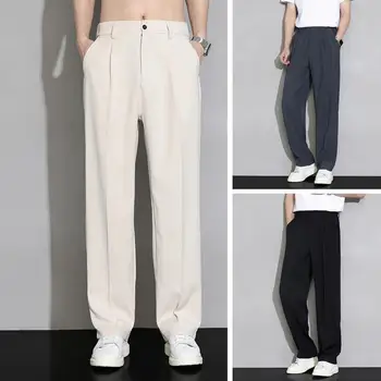 Тънки бизнес панталони с драпировкой Стилни мъжки бизнес панталон Ice Silk с широки штанинами копчета с еластичен колан и джобове на ширинке с глоба драпировкой