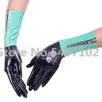 Къса латексови ръкавици черно и озерно-син цвят, гумени Фетишистские ръкавици за партита с цип