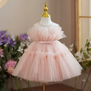 Празнична рокля за по-малките момичета 2024, Лятна сватбена рокля на принцеса с цветя модел, бална рокля без ръкави, с кръгло деколте и лък, детско облекло за рожден ден