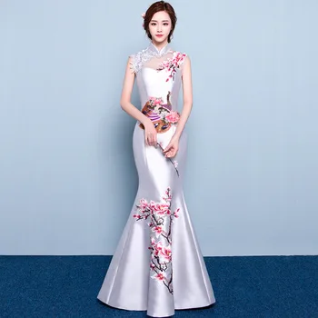 Винтажное вечерна рокля без ръкави в китайския традиционен стил Чонсам, Изискана благородна рокля за бала в цветенце, бордо и розово