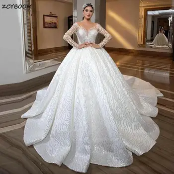 Луксозно Иллюзионное бална рокля с дълги ръкави и пайети, Сватбени рокли 2023 Кръгъл отвор, бродирани с мъниста Рокля на булката от Саудитска Арабия, Vestido De Noiva