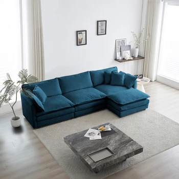 L-образна форма на секционни диван, свободна комбинация удобна тапицерия, модулен диван голям размер, с окачени оттоманкой за всекидневната, синьо
