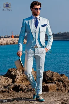 2017 Модни Светло Синьо Смокинги на Младоженеца в Една пуговице, Мъжки Сватбени Костюми За младоженец на бала (Яке + Панталон + Елек + Вратовръзка)