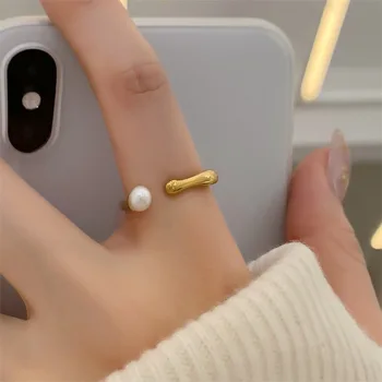 Нови пръстени от неръждаема стомана с 18-каратово злато и перли, отворени маншети, пръстени за пръстите за жени, нова Корейската мода, изящни бижута, подаръци парти